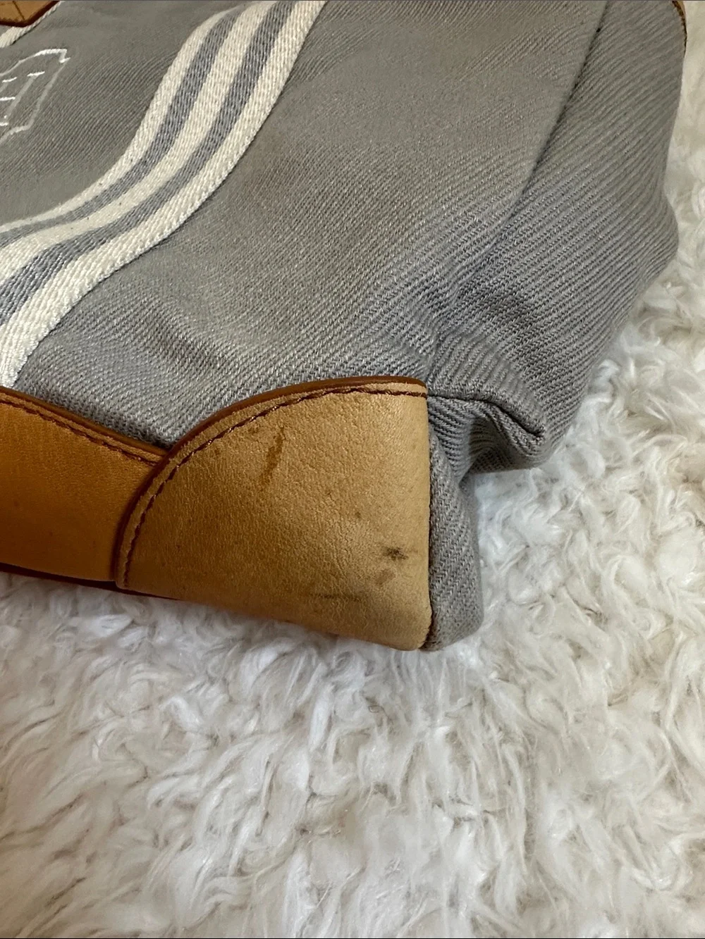 Pottery Barn Kids Monogram Canvas Diaper Bag in Gray with Striped Handles
